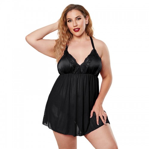 Lace Babydoll Sexy Chemise Plus Size Mesh Nightgowns Black