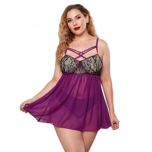 Lace Mesh Babydoll Push Up Lingerie Chemise Purple