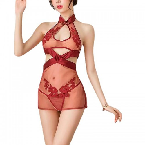 Bust Keyhole Babydoll Sheer Mesh Chemise Red