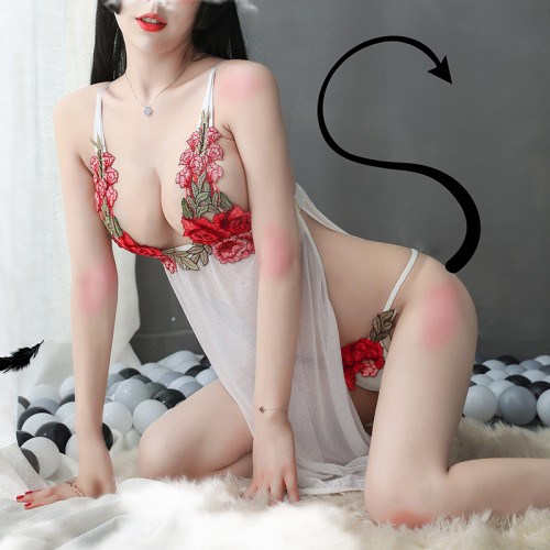 Embroidery Lace Babydoll Strap Chemise White