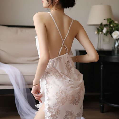 Women Lingerie Lace Side Slit Babydoll Strap Chemise White