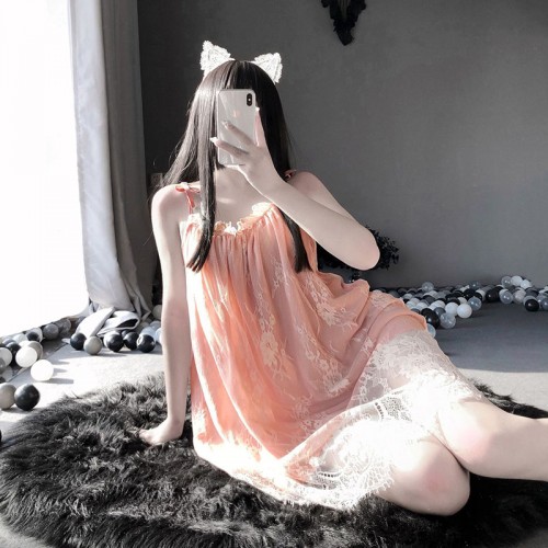 Strap Lingerie Lace Babydoll Sheer Mesh Chemise Pink