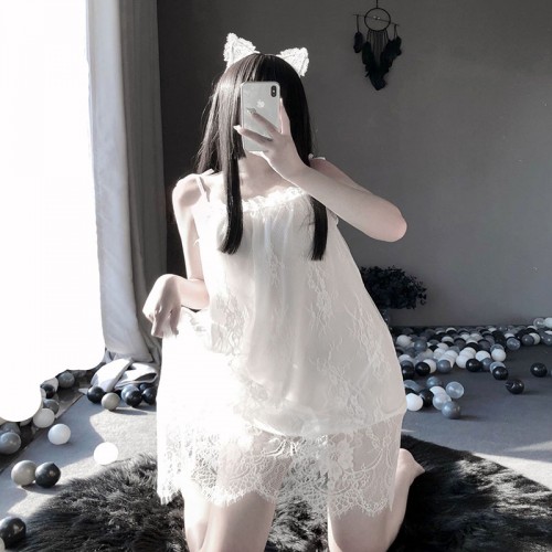Strap Lingerie Lace Babydoll Sheer Mesh Chemise White