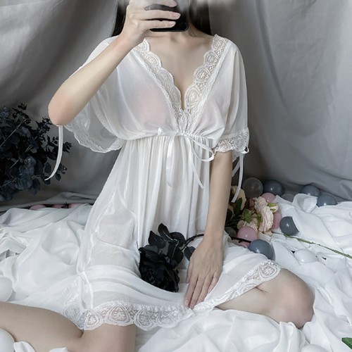Chemise Nightgown V Babydoll Nightwear White