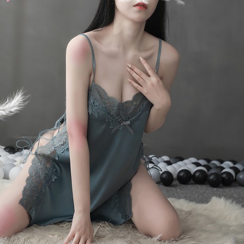 V-Neck Lace Babydoll Strap Side Slit Lingerie Green