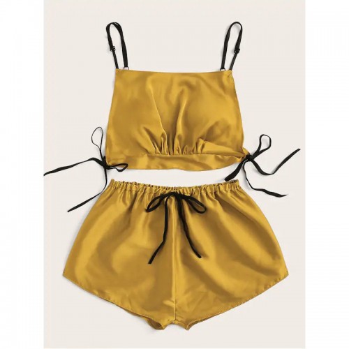 Satin Cami and Shorts Sexy Lingerie Set Yellow
