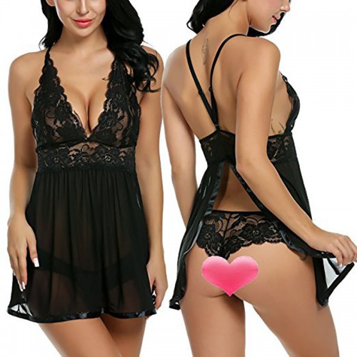 Women V-Neck Lace Babydoll Mesh Chemise Black