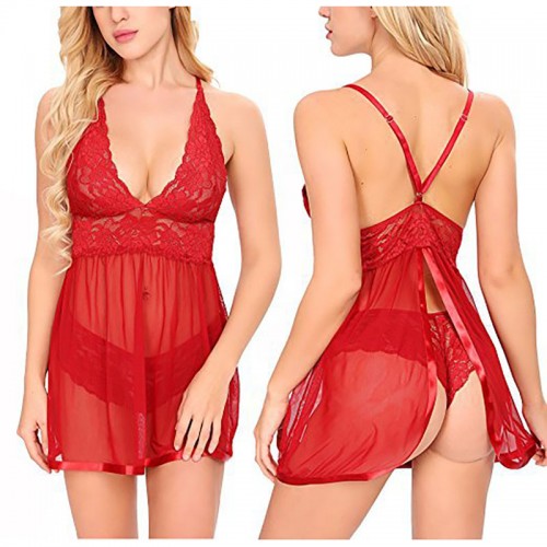 Women V-Neck Lace Babydoll Mesh Chemise Red