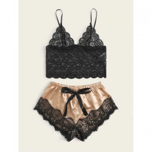 Lace Cami Top with Shorts 2 Piece Sexy Lingerie Begie