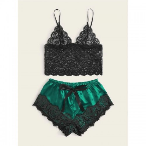 Lace Cami Top with Shorts 2 Piece Sexy Lingerie Green