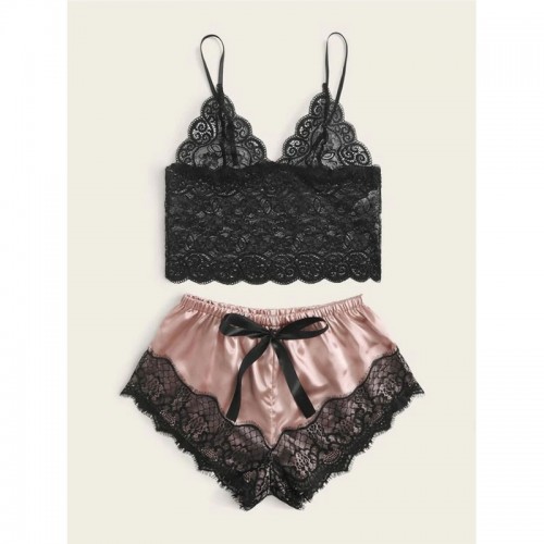 Lace Cami Top with Shorts 2 Piece Sexy Lingerie Pink