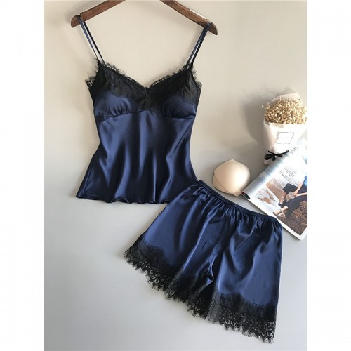 Lace Trim Satin Cami and Shorts Pajama Set Blue