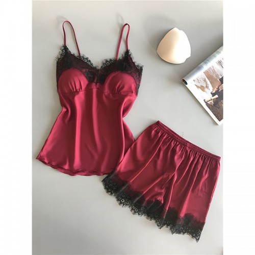 Lace Trim Satin Cami and Shorts Pajama Set Red