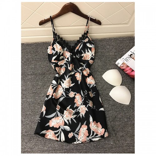 Floral Printed Lace Chemise Nightgown Babydoll Black