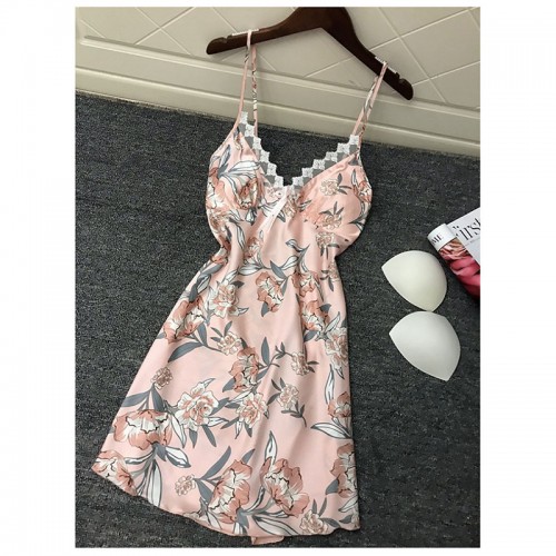 Floral Printed Lace Chemise Nightgown Babydoll Pink