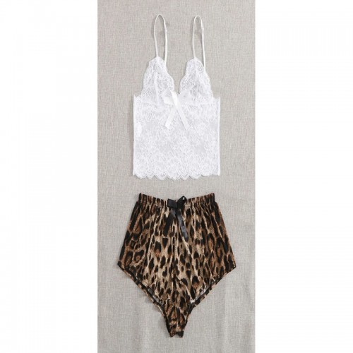 Lace Cami Top with Shorts 2 Piece Leopard Set White