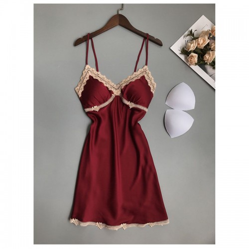 Sleeveless Tank Lace Nightgowns Babydoll Sleepwear Burgundy