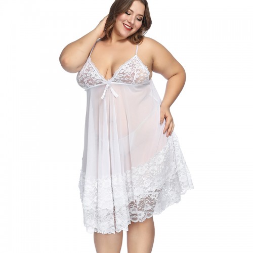 Plus Size Floral Lace Mesh Babydoll Lingerie White