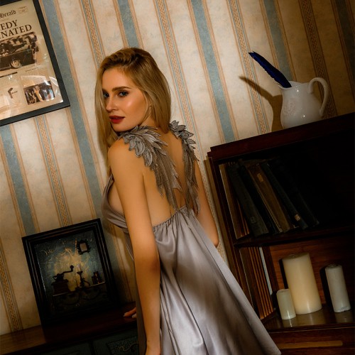 Feathers Backless Full Slip Babydoll Dress Gray