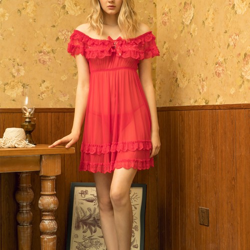 Lotus Leaf Lace Hem Babydoll Strap Chemise Red