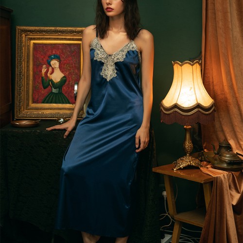 Satin Spaghetti Strap Nightdress Sexy Chemise Blue