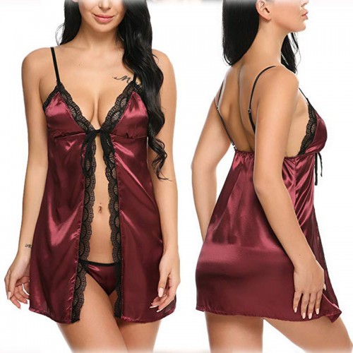 Lace Chemise Nightgown Satin Open Front Nightwear Burgundy