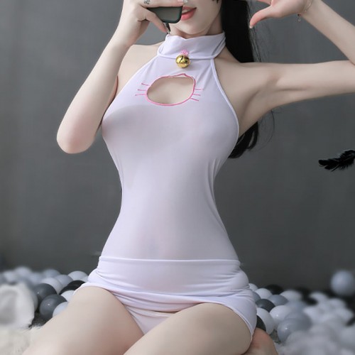 Sexy Cat Girls Sheer Mesh Babydoll Tight Dress Black
